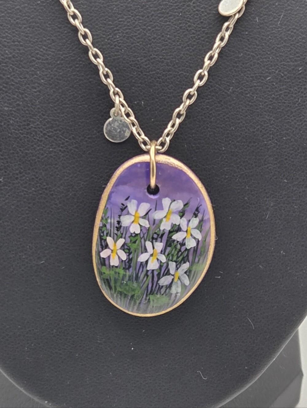Hand-Painted Purple Floral Oval Pendant Necklace